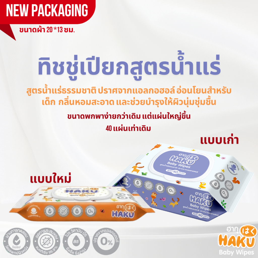 โฉมใหม่ HAKU BABY(ฮากุเบบี้) ทิชชู่เปียก รุ่นฝาปิด 40 แผ่นใหญ่สูตรน้ำแร่ อ่อนโยน ฝาปิด 2 ชั้น(คละสี)