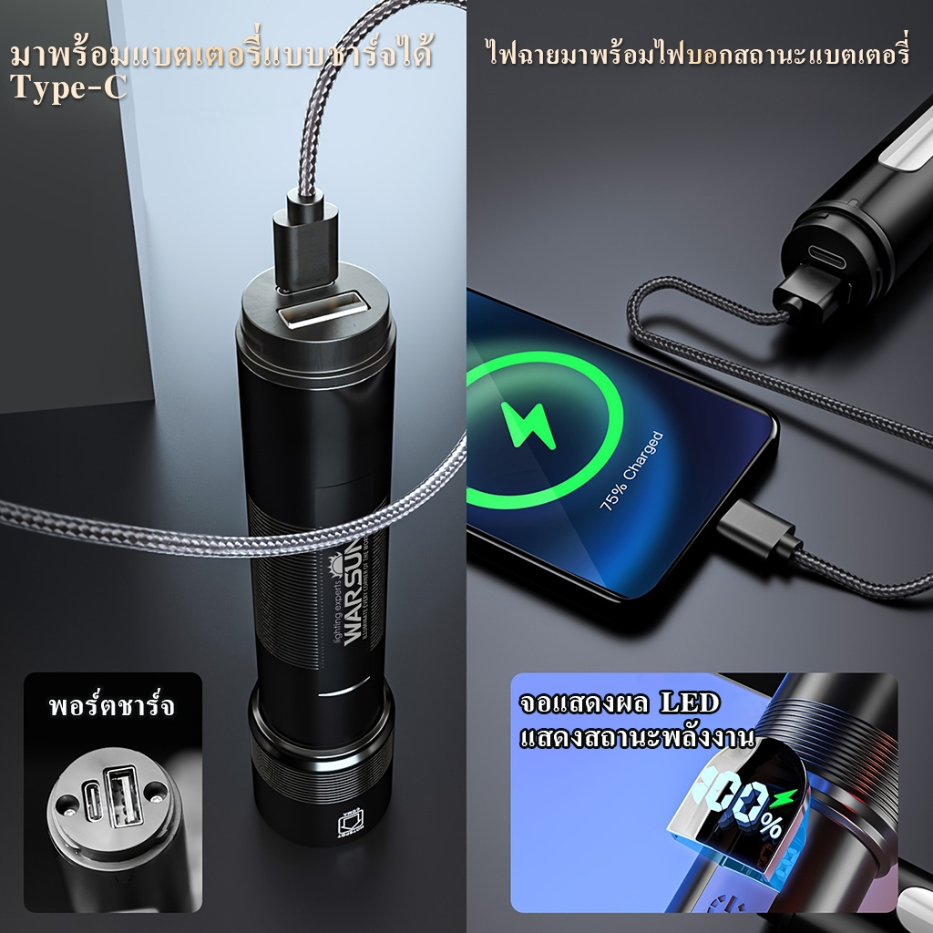 ไฟฉาย LED Warsun NB01  ซูมได้   กันน้ำ IPX5  ชาร์จ Type-C  โหมดไฟ 9 โหมด  แบตเตอรี่ชาร์จได้  สำหรับกิจกรรมกลางแจ้ง - รูปที่ 4