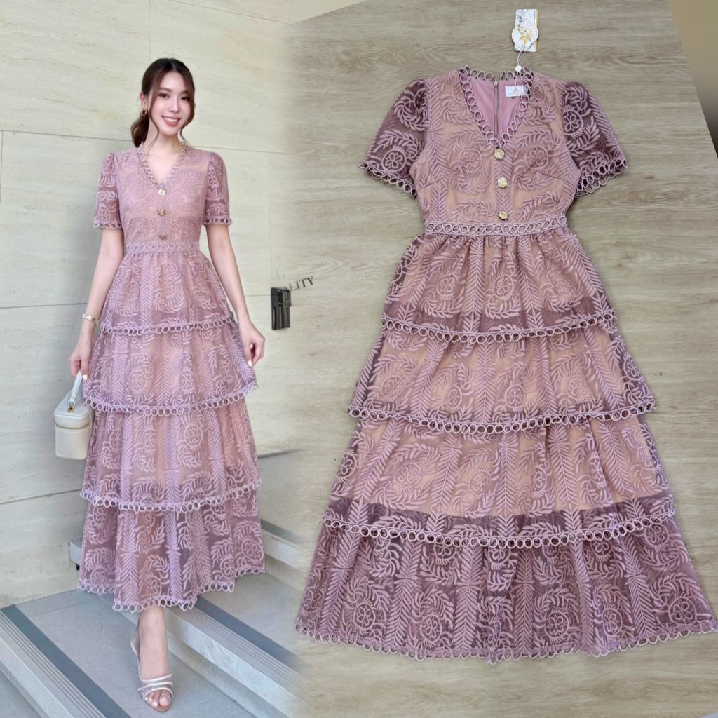 เดรสลูกไม้สีม่วงออกงาน!!! S-4XL Maxi Dress เดรสขนมชั้น,เดรสสีม่วงแขนสั้นผ้าลูกไม้ระบายชั้นๆ งานป้าย