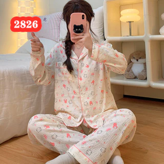 1026 ชุดนอนผ้าไหมญี่ปุ่น แขน-ขายาว คอปก M-XXL ชุดนอนลายการ์ตูน สวมใส่สบาย ผ้านิ่มไม่เเข็ง