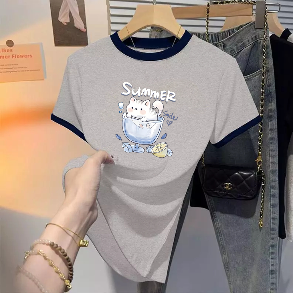 ✨【จัดส่งภายใน 24 ชั่วโมง】⭐ สาวอวบ คอกลม เสื้อยืด น่ารัก แฟชั่น ใส่สบาย เสื้อครอปแขนสั้น สาวอวบพรางหุ่น ใส่สบาย
