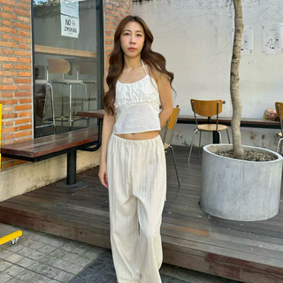 (พร้อมส่ง)Simple voile pant กางเกงขายาวผ้าฝ้ายเอวยางยืด กางเกงชายหาด
