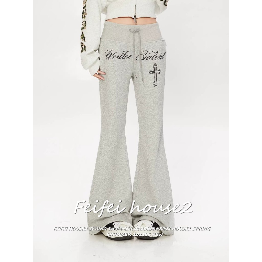 [Women's letter cross print trousers]ผู้หญิงสไตล์ลำลองฤดูร้อนพิมพ์ลายตัวอักษรกางเกงขายาวทรงกว้าง