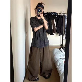 [Solid color casual wide-leg pants]ผู้หญิงเกาหลีรุ่นวินเทจลายสก๊อตสีทึบสบาย ๆ แจ๊สเต้นรำกางเกงขากว้าง