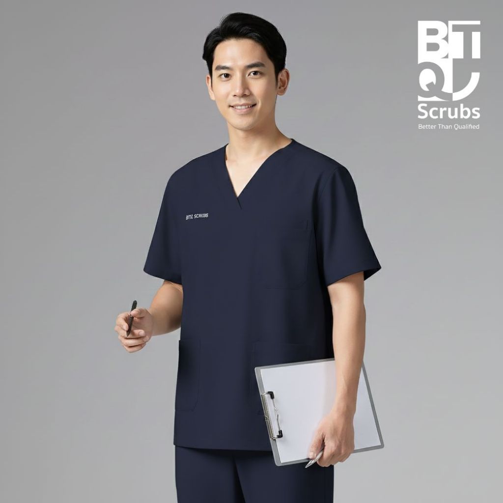 ( ปักชื่อ ) BTQ Medical Scrub Top - Unisex - รุ่น Zip Up | เสื้อสครับหมอ พยาบาล ทรงหลวม คอวี ซิปไหล่ Q982SB