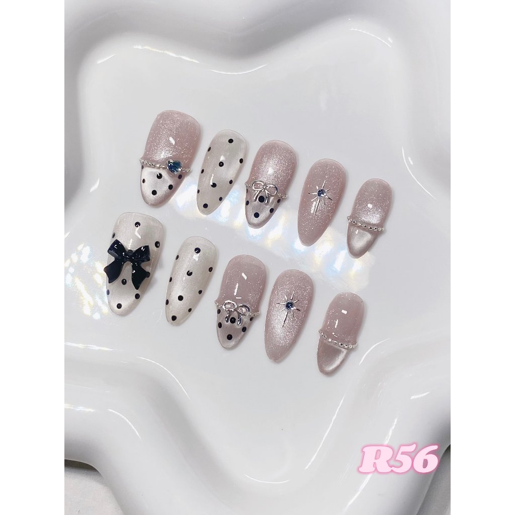ೀ⋆｡ R56 เล็บเจลปลอมสีนู้ดไซรัปลูกแก้วซาติน Polka dot 🎀⭐️💘
