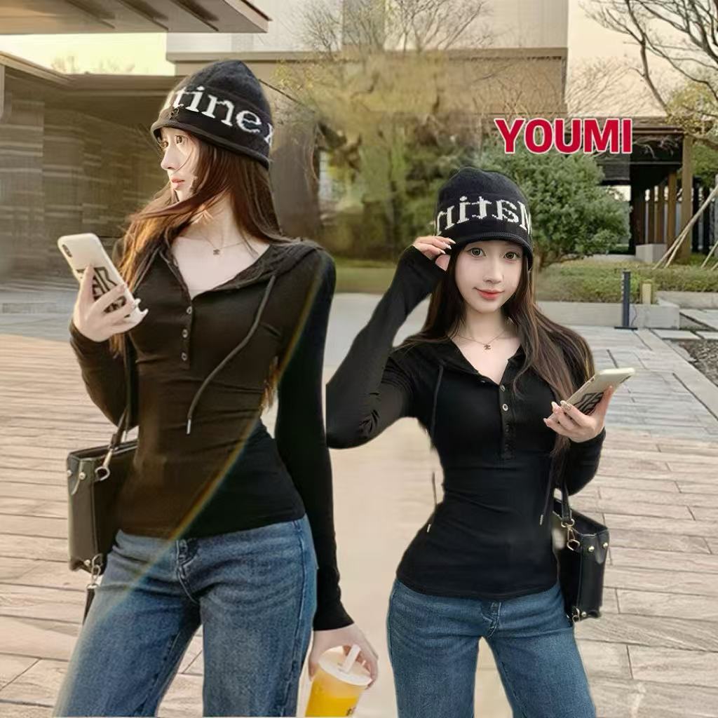 ส่งไวจากไทย เสื้อท่อนบนมีฮู้ด เอวเข้ารูป ทรงสลิมฟิต หวานเซ็กซี่ ผ้ายืด ใส่สบาย มี 3สี YOUMI