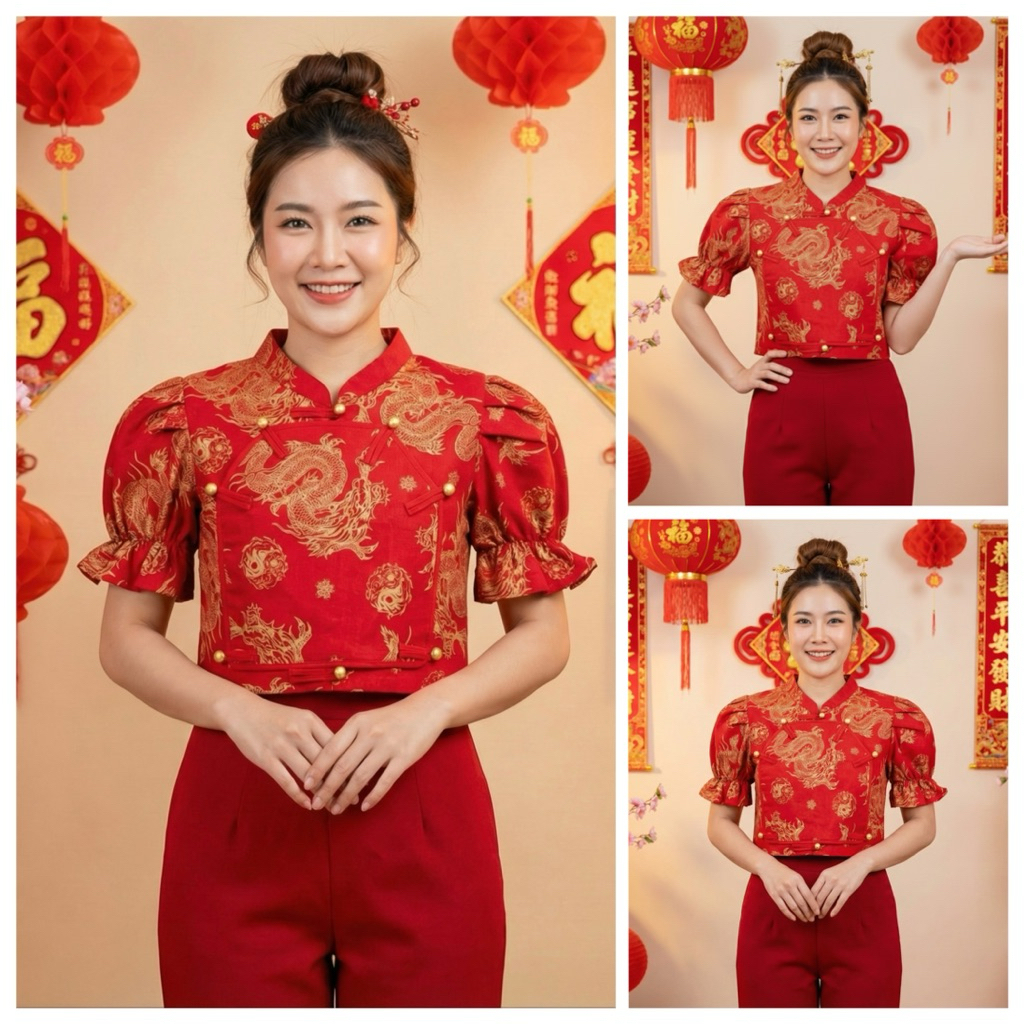 เสื้อตรุษจีนผู้หญิง กระดุมทอง8เม็ด เสื้อตรุษจีนลายมังกร 2569 สำหรับหญิง แฟชั่นสวมใส่สบาย ผ้าดี งานดี พร้อมส่ง