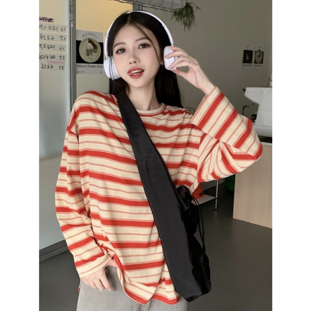 พร้อมส่งในไทย** เสื้อแขนยาวคอกลม เสื้อลายทางผ้านิ่ม ใส่ลำลอง Y304