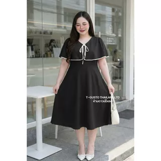 E14เดรสออกงานคลุมไหล่ ผูกโบว์ ทรงสวยใส่สบาย สำหรับผู้หญิงสาวอวบพลัสไซส์ อก48-54 เอว44-54 ยาว42