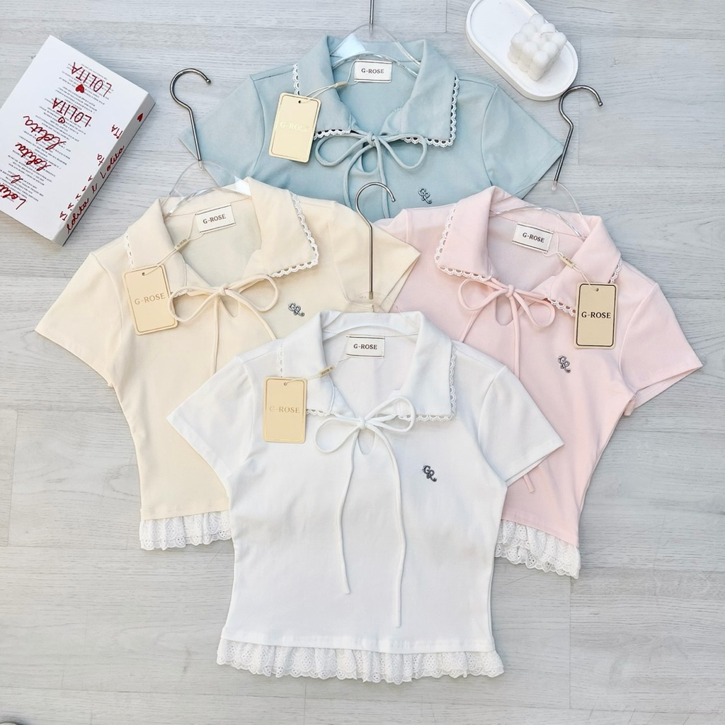 G-Rose เสื้อครอปคอปกผูกโบว์หน้า แต่งชายระบายลูกไม้💓