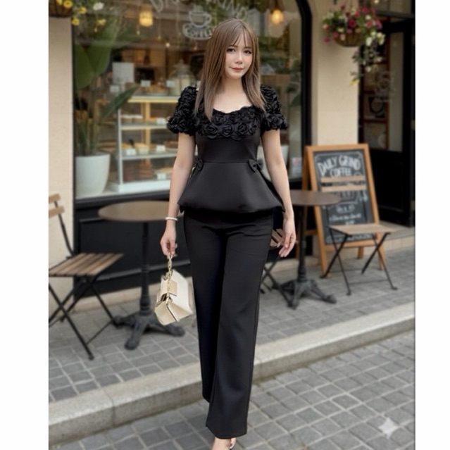 K420 - ก2 - SETสีดำ2ชิ้น เสื้อสามดีติดโบว์ปลายบาน+กางเกงขายาว