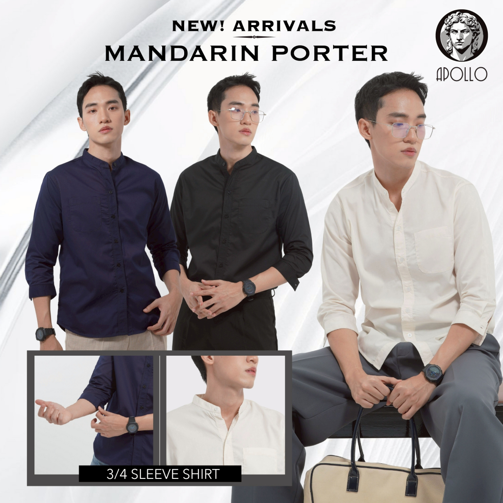 APOLLO เสื้อเชิ้ตคอจีน ทรงสวย เนื้อผ้าสวมใส่สบาย 3 สี [ รุ่น MANDARIN PORTER ]