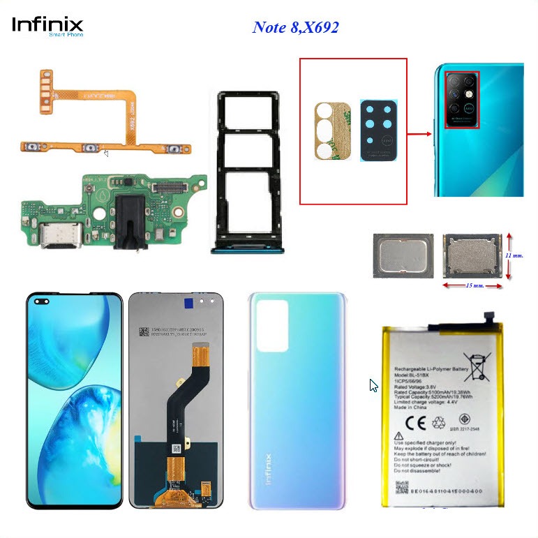 อะไหล่ infinix Note 8,X692,สายแพร/กระจกเลนส์กล้อง/ถาดใส่ซิมการ์ด/หน้าจอ LCD./แบตเตอรี่(BL-51BX)/กระด