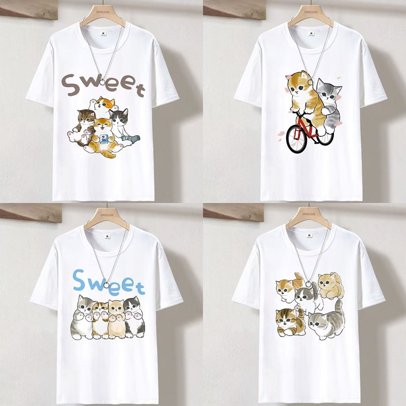 เสื้อยืดสีขาวลายแมว น่ารักๆ ลายสกรีนชัดสีสวย แขนสั้น ES446-ES449