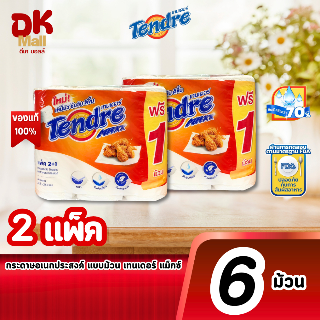 (live) Tendre Maxx กระดาษอเนกประสงค์ แบบม้วน เทนเดอร์ แมกซ์ (2 แพ็ค 6 ม้วน) เหนียว ซึมซับดี ปลอดภัยสำหรับการสัมผัสอาหาร
