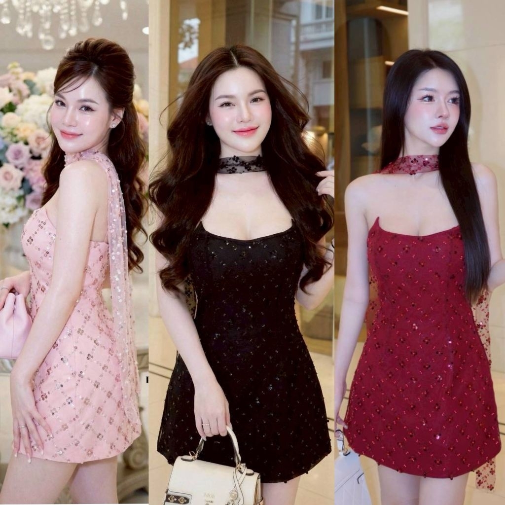 Porntida เดรสสีแดง เป็นเดรสเกาะอก detail ผ้าเป็นงานปักเหลี่ยมและมุก