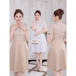 N641 สุพรรณษาเดรสผ้าไทยผ้าทอลายขอสีทอง สีขาว แต่งคอจีนหยดน้ำ…