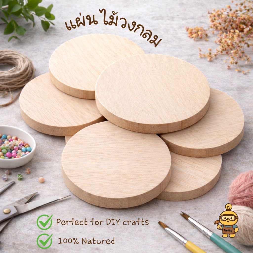 แผ่นไม้เปล่าวงกลม ขนาด 10 ซม. หนา 10 มม. | ไม้ยางพาราเกรด A สำหรับงาน DIY เพ้นท์ ป้ายเลเซอร์ งานประดิษฐ