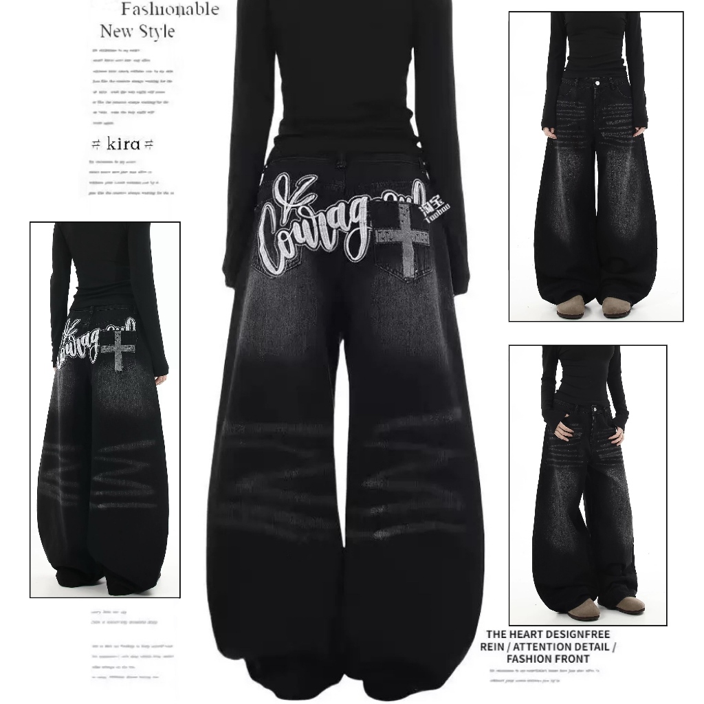 กางเกงยีนส์ผู้ชายสไตล์อเมริกันเรโทรสตรีททุกข์ กางเกงยีนส์สไตล์เป็นกลางคุณภาพสูง ทรงหลวมและใส่สบาย แมทช์ง่ายมาก