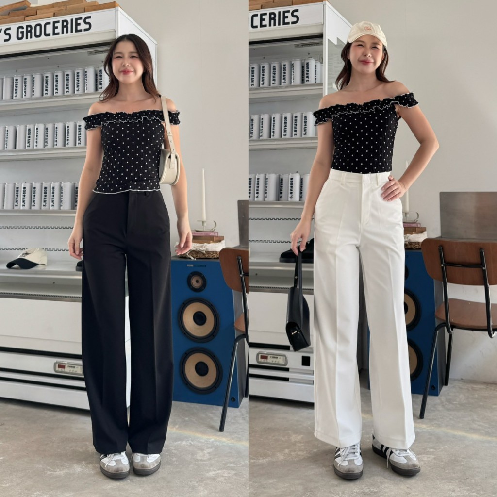 L0062  Beer&Oil กางเกงขายาวเอวสูง ผ้าโรเชฟ งานตะขอหน้าขาตรงหู