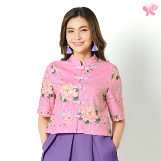 เสื้อครอปคอจีนผู้หญิง [Papillon] Relax Fit Mandarin Cropped Top - Peony พิมพ์ลายดอกโบตั๋นทรงหลวม ผ้าCotton100% เนื้อนุ่ม