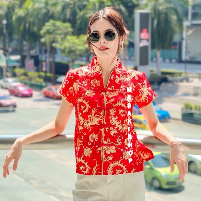 เสื้อตรุษจีน เสื้อกี่เพ้า เสื้อจีนผู้หญิง กระดุมหน้า ใส่สบาย สีแดง ค่ะ