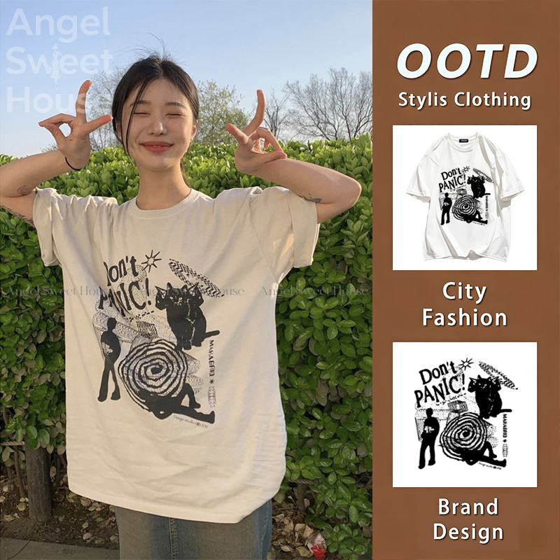 （จัดส่งตลอด 24 ชั่วโมง）Angle Official   100% เสื้อยืดแขนสั้นมีสไตล์ หลวมและอเนกประสงค์ดูเพรียวบาง