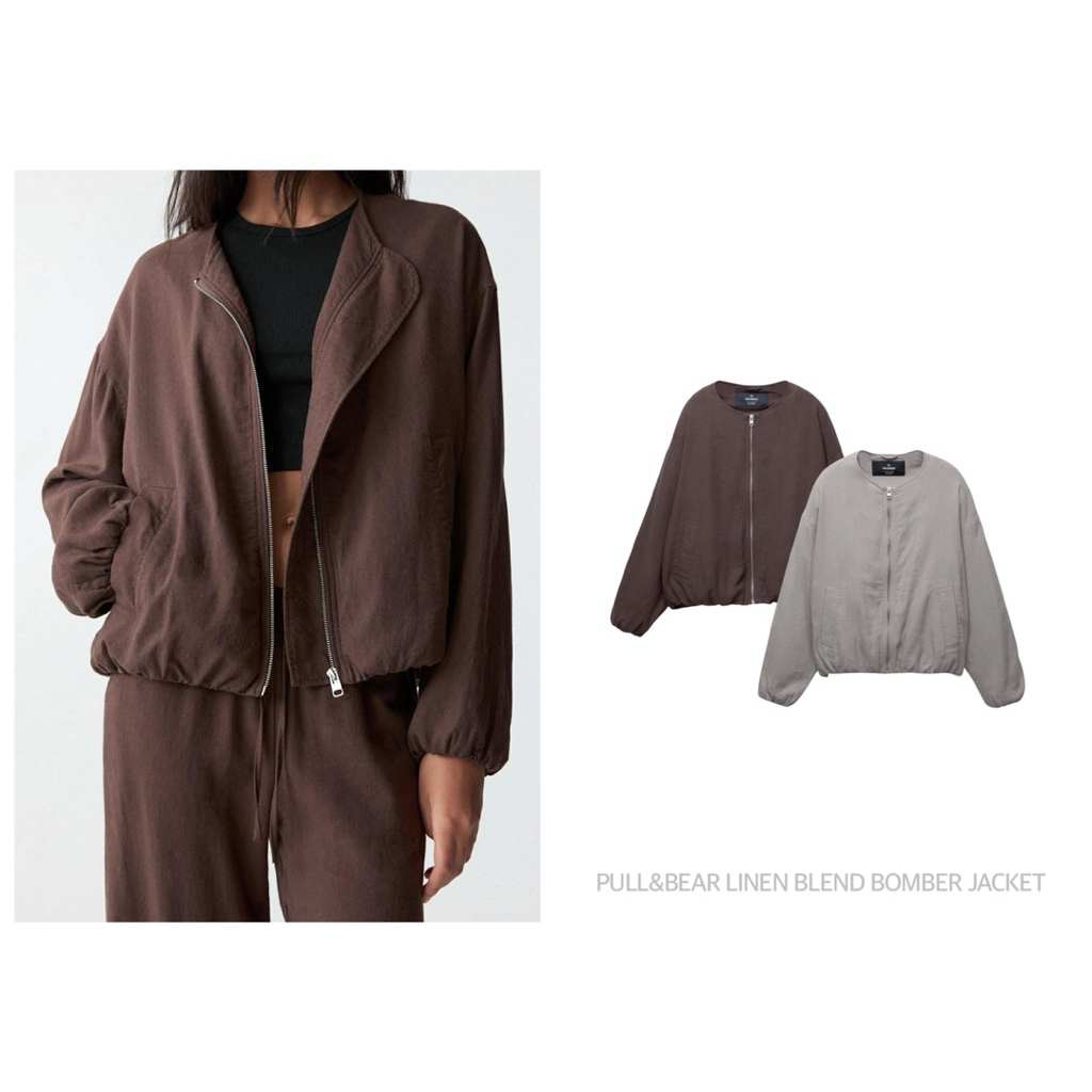 PULL &BEAR เสื้อแจ็คเก็ต ทรงบอมเบอร์ ผ้าลินินผสม LINEN BLEND BOMBER JACKET (C1101)