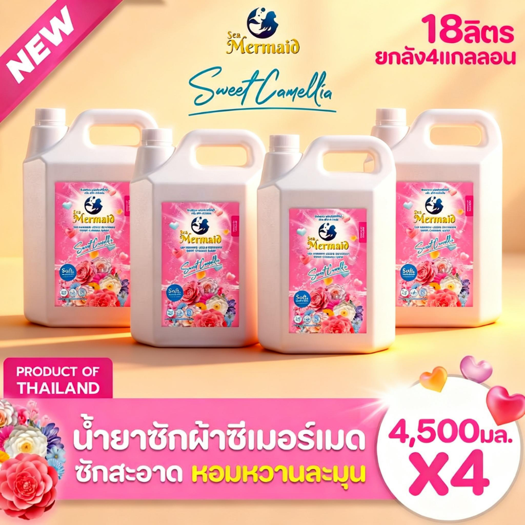 [4แกลลอน] SeaMermaid น้ำยาซักผ้า กลิ่นสวีท คามิลเลีย ผ้าหอมติดทนนาน (4500มล.X4)