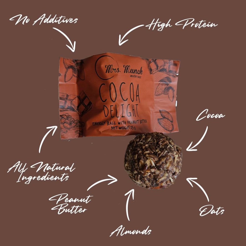 Mrs. Munch Energy Bites Cocoa Peanut Butter 161g รสเนยถั่ว ขนมคลีน อร่อย110 แคล ทำจากถั่ว, ธัญพืช, ผลไม้แห้ง และข้าวโอ๊ด