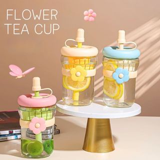 แก้วน้ำมินิมอล ถ้วยน้ำ 500 ml. ดีไซน์ดอกไม้ มีฝาปิด พร้อมหลอ…