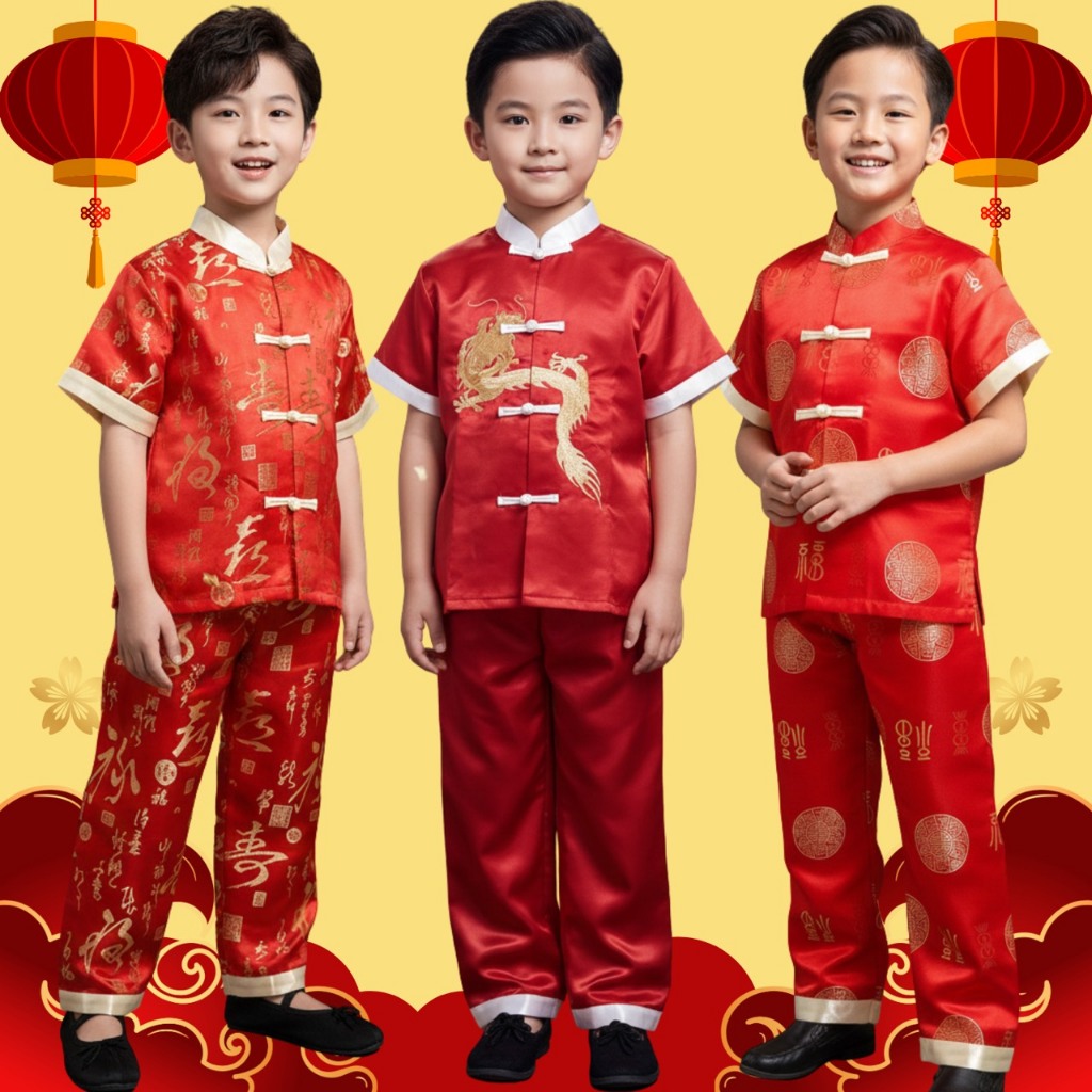 ชุดจีนเด็กผู้ชาย สีแดง เสื้อจีนสำหรับเด็ก มีเสื้อและกางเกง เสื้อตรุษจีน สำหรับโอกาสพิเศษ