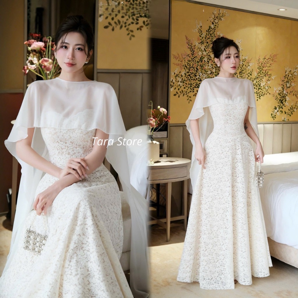 ชุดเดรสยาวสีขาว ชุดราตรี ชุดออกงานที่หรูหรา #G919