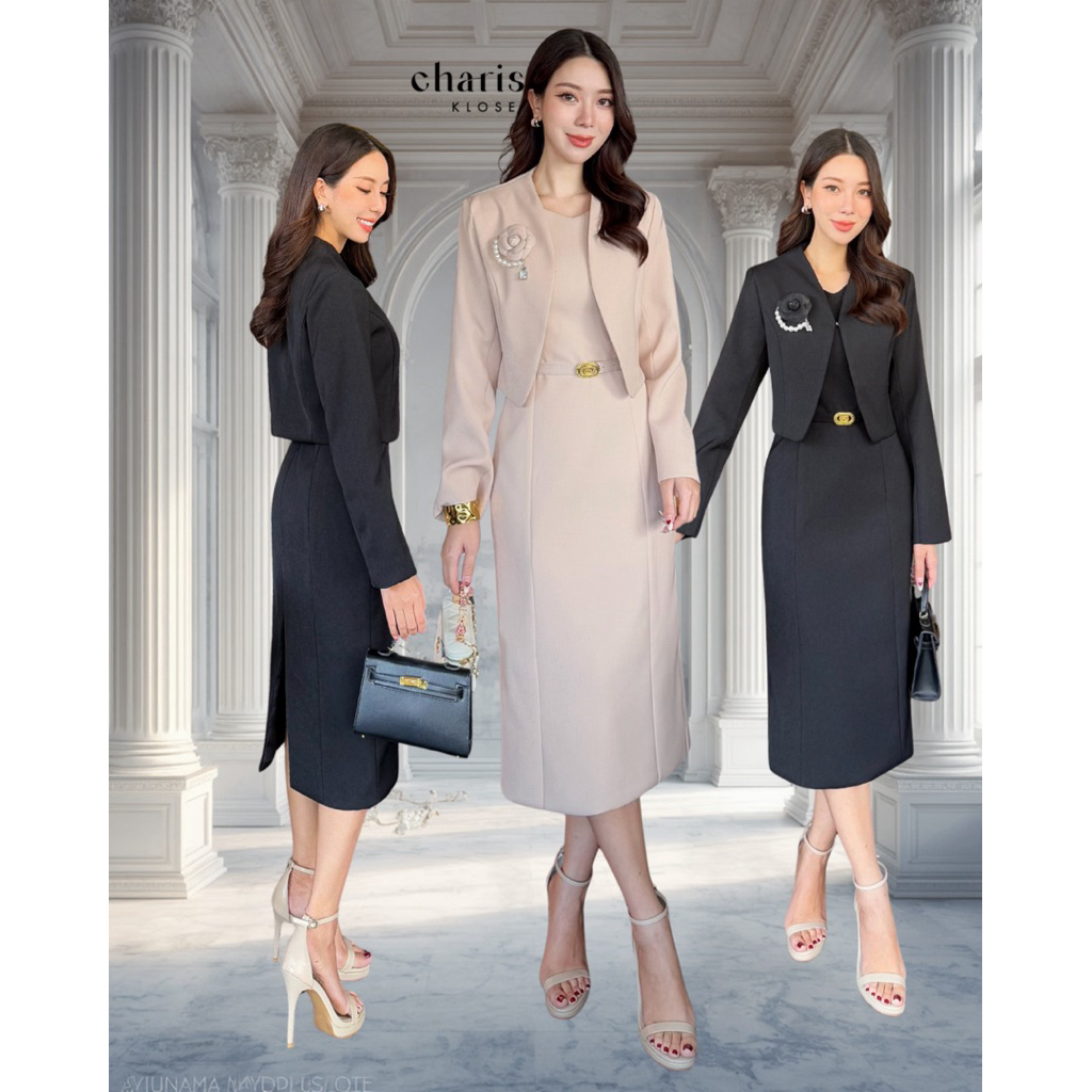 เดรสทรงสอบมาพร้อมเสื้อครอป เข็มขัด แถมฟรีเข็มกลัดดอกไม้ Code 18500