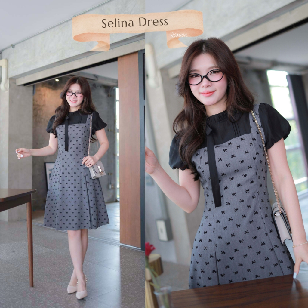 "Romi"Oil" Selina Dress (black) K366 ชุดเดรสสีดำ (ลายโบว์แขนตุ๊กตาแต่งโบว์)