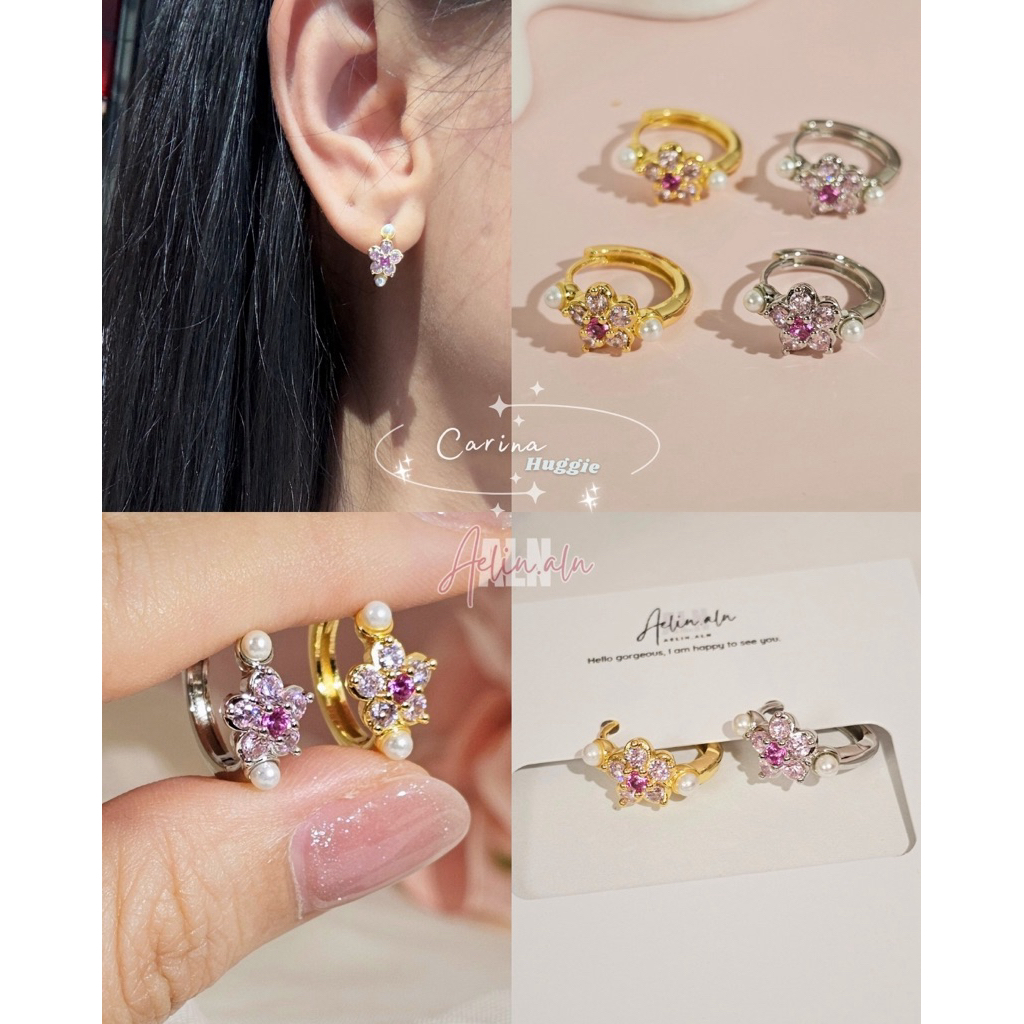 Carina pearl huggie earrings - Aelin.ALN ต่างหูดอกไม้เพทายประดับไข่มุกสีสันสดใส สวยละมุน แพ้ง่ายใส่ได้ #H12-08