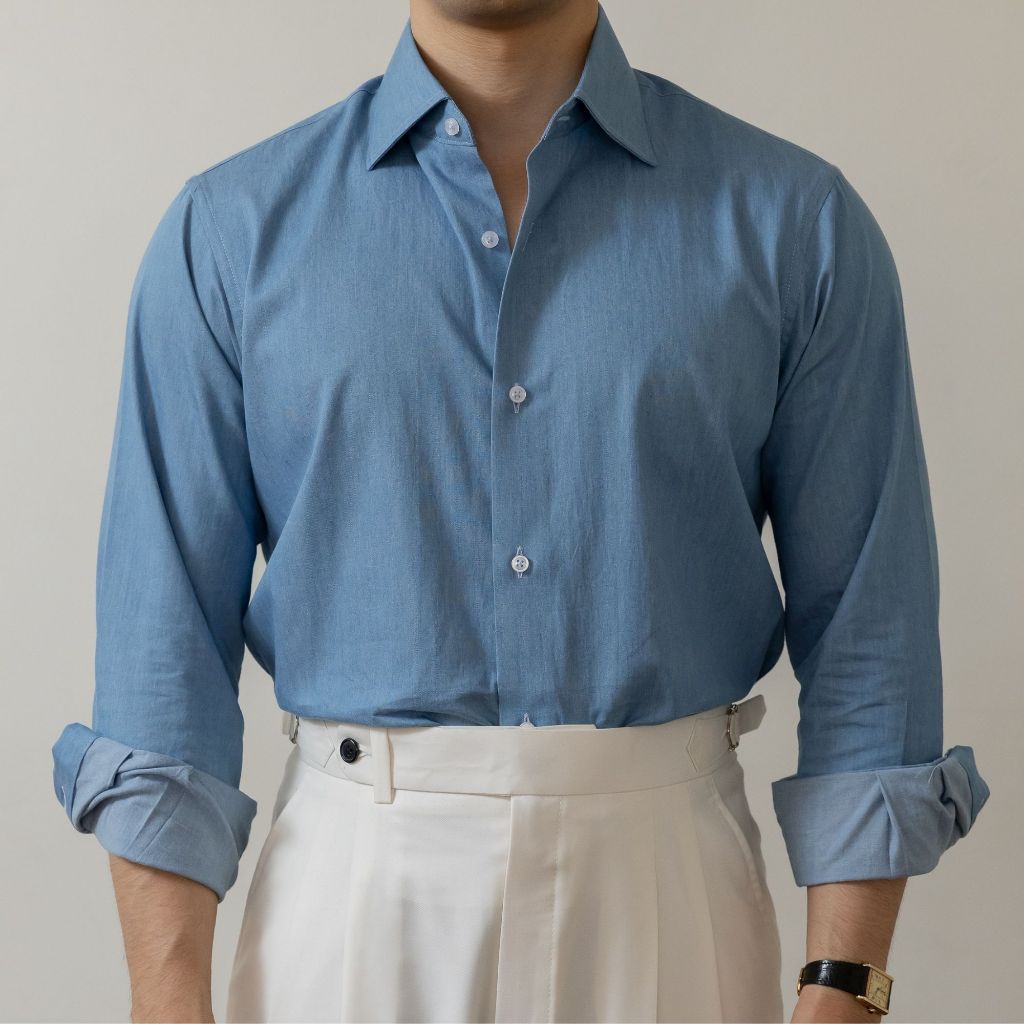 Thepatterns.co - S04 Spread collar shirt เสื้อเชิ้ตคอปก Spread ทรงคลาสสิค  ผ้าเดนิม / คอตตอน (3สี)