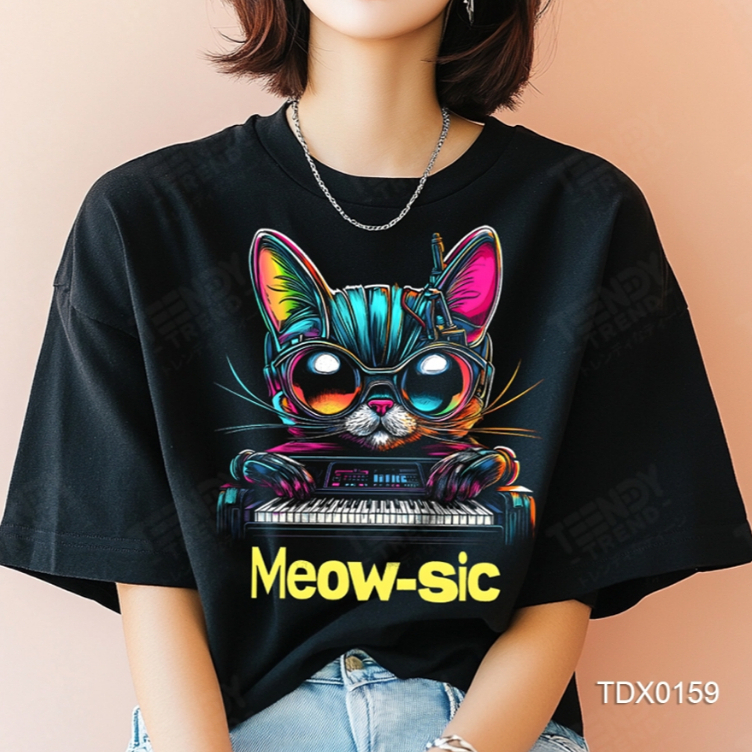 Teendy Trend เสื้อยืดผู้ชาย ผู้หญิง คอตตอน ลายmeaw สีดำ รุ่นTDX0159-BL