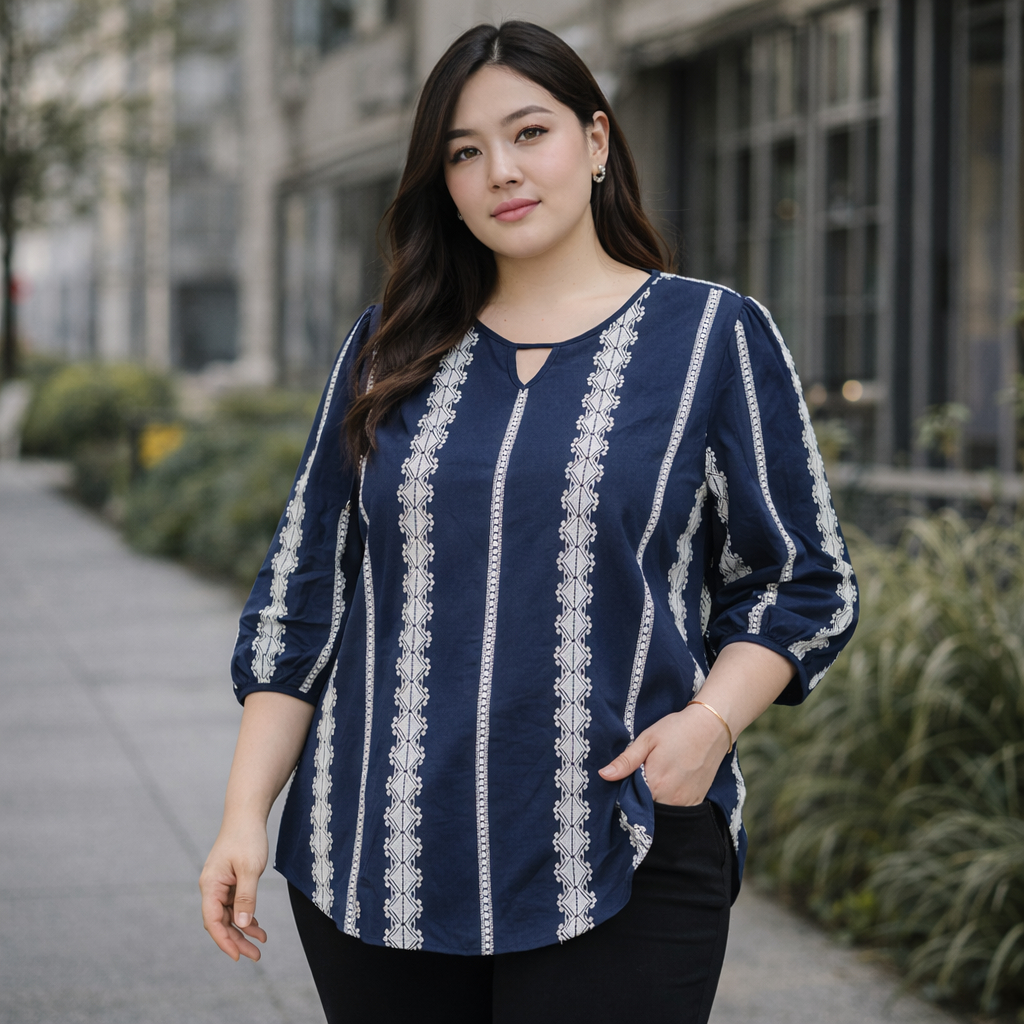 (OM0913)เสื้อแขนสั้นสาวอวบเสื้อแขนสั้นสีกรมท่า มาพร้อมกับดีไซน์ที่เรียบง่าย แต่แฝงไปด้วยคลาสสิก