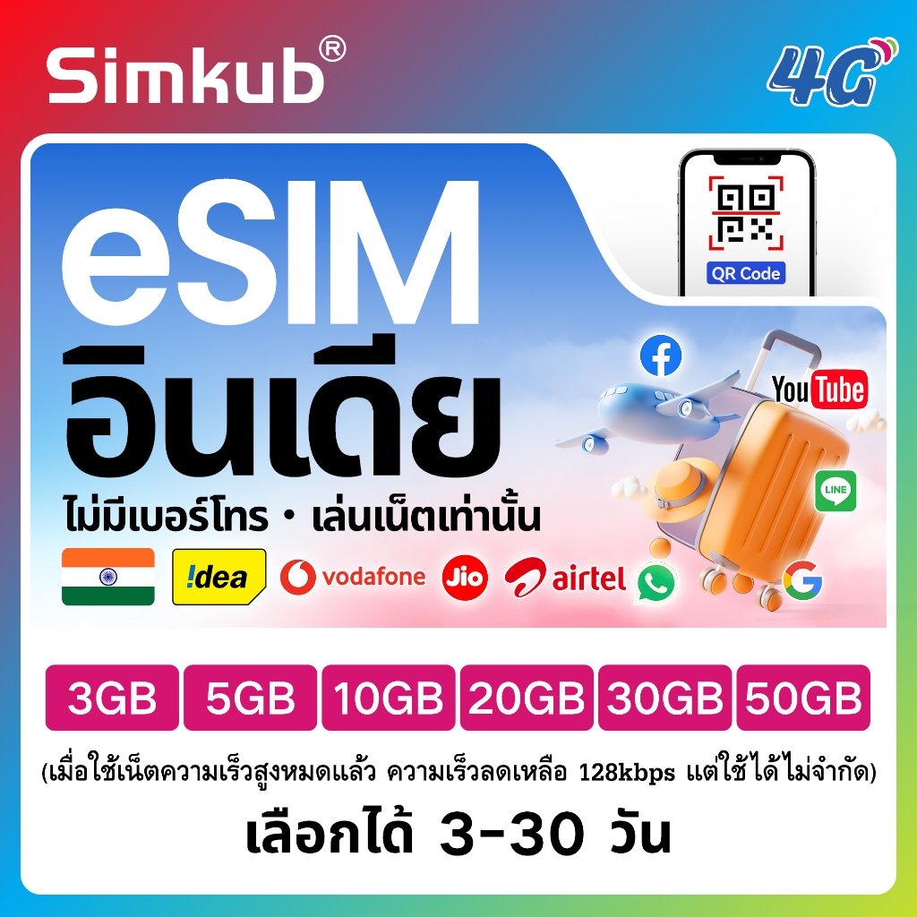 eSIM India เครือข่าย Bharti Airtel/Vodafone/Idea/Jio ซิมท่องเที่ยว อินเดีย เน็ต 3-20GB รองรับ 4G เลื