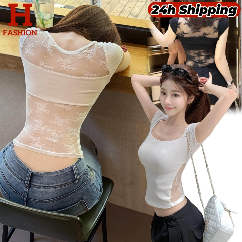HOTพร้อมส่ง เสื้อยืดครอปแขนสั้น ดีเทลซีทรูลูกไม้ น่ารักไม่ไหวสีพื้น ใส่สบายมาก FYA17