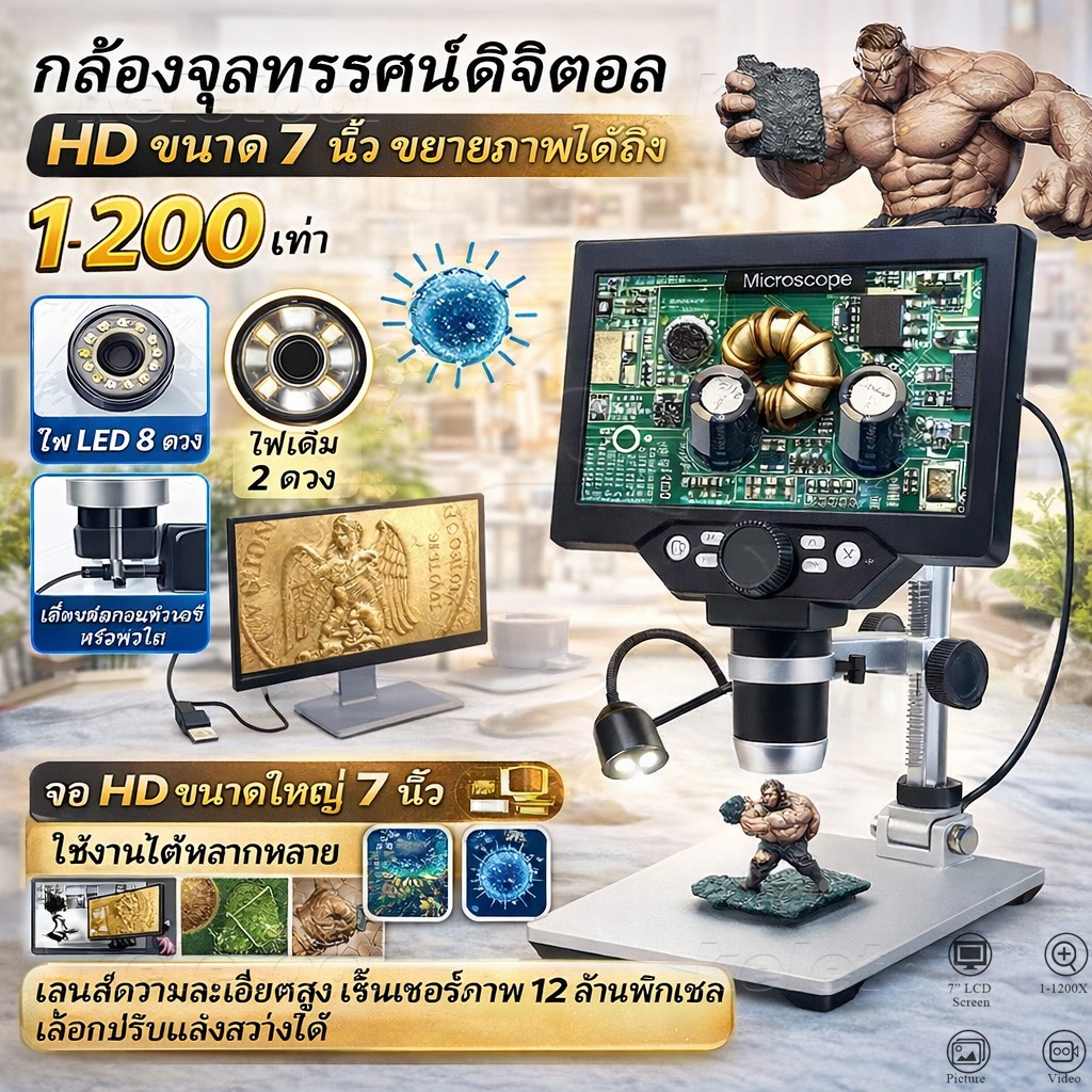 กล้องจุลทรรศน์ดิจิทัล 7" 1200X 12MP 4KHD กล้องจุลทรรศน์อิเล็กทรอนิกส์ แว่นขยาย สําหรับบัดกรีบัดกรีกล้องจุลทรรศน์พร้อมไฟ