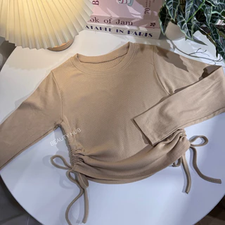 [526]เสื้อครอปคอกลม แขนยาว สายรูดข้าง ทรงสวย ผ้าร่องใส่สบาย