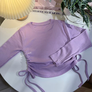 [526]เสื้อครอปคอกลม แขนยาว สายรูดข้าง ทรงสวย ผ้าร่องใส่สบาย