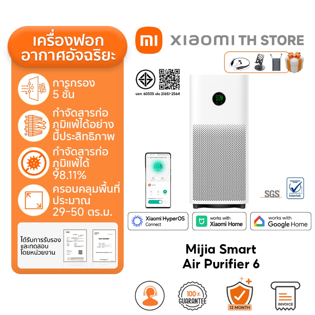 Xiaomi Mijia Smart Air Purifier 6 ฟอกอากาศ I เซ็นเซอร์ฝุ่น I จอแสดงผล LCD สี I 443m³/h อนุภาค CADR