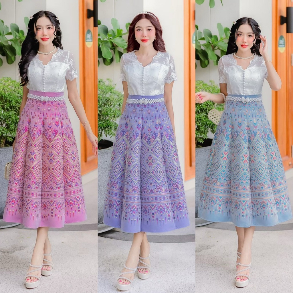กระโปรง8ชิ้นเอวสูงลายไทยยาว33ผ้าไหมเเก้มฝ้าย
