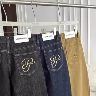 PTJ30321 Double Knee Stud กางเกงยีนส์ขากระบอกใหญ่แต่งหมุดปัก PROMTHONG