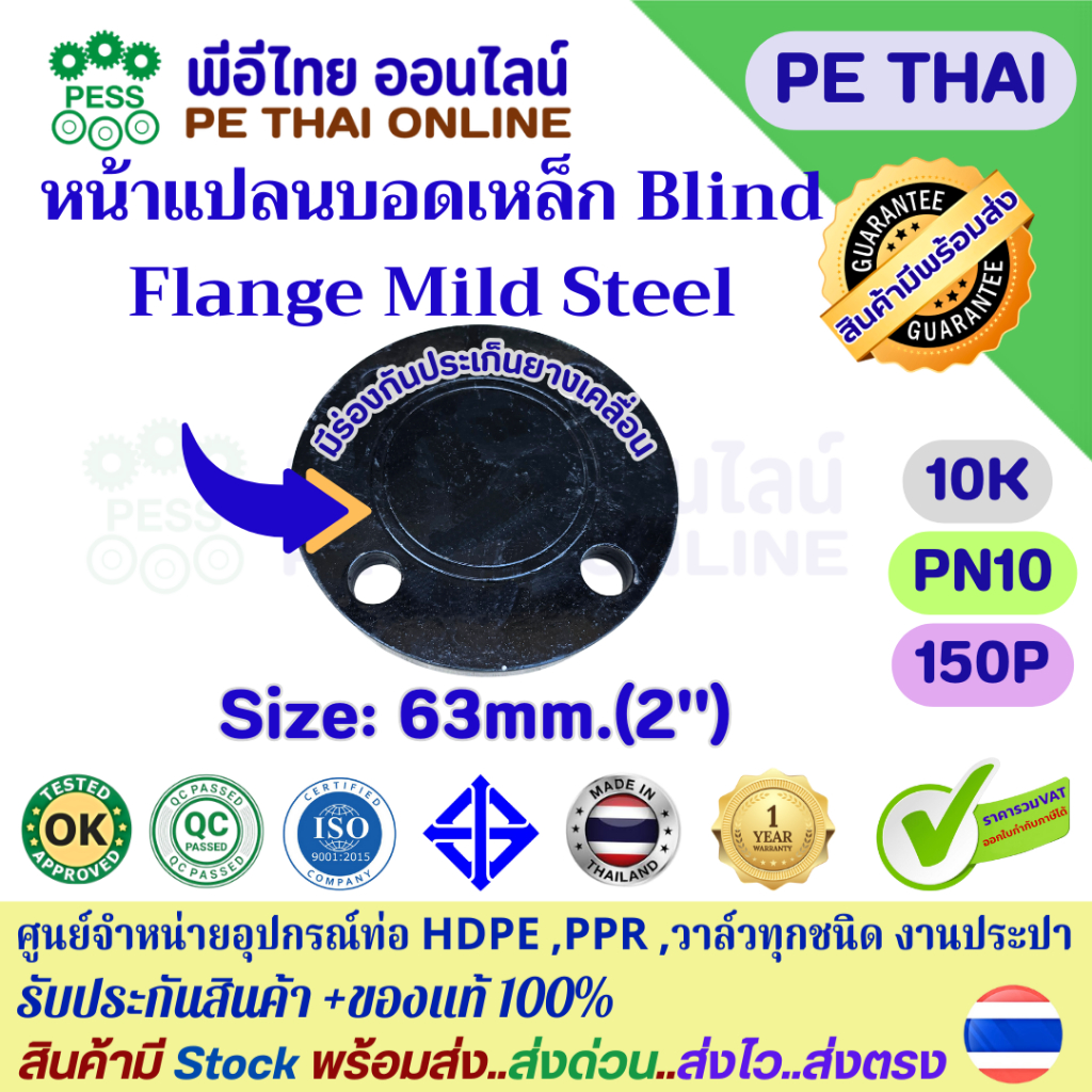 หน้าแปลนบอดเหล็กเหนียวBlind Flange(Mild Steel)ขนาด63mm(2")ใช้สำหรับปิดท้ายท่อน้ำประปาHDPEเหล็กเครือบ