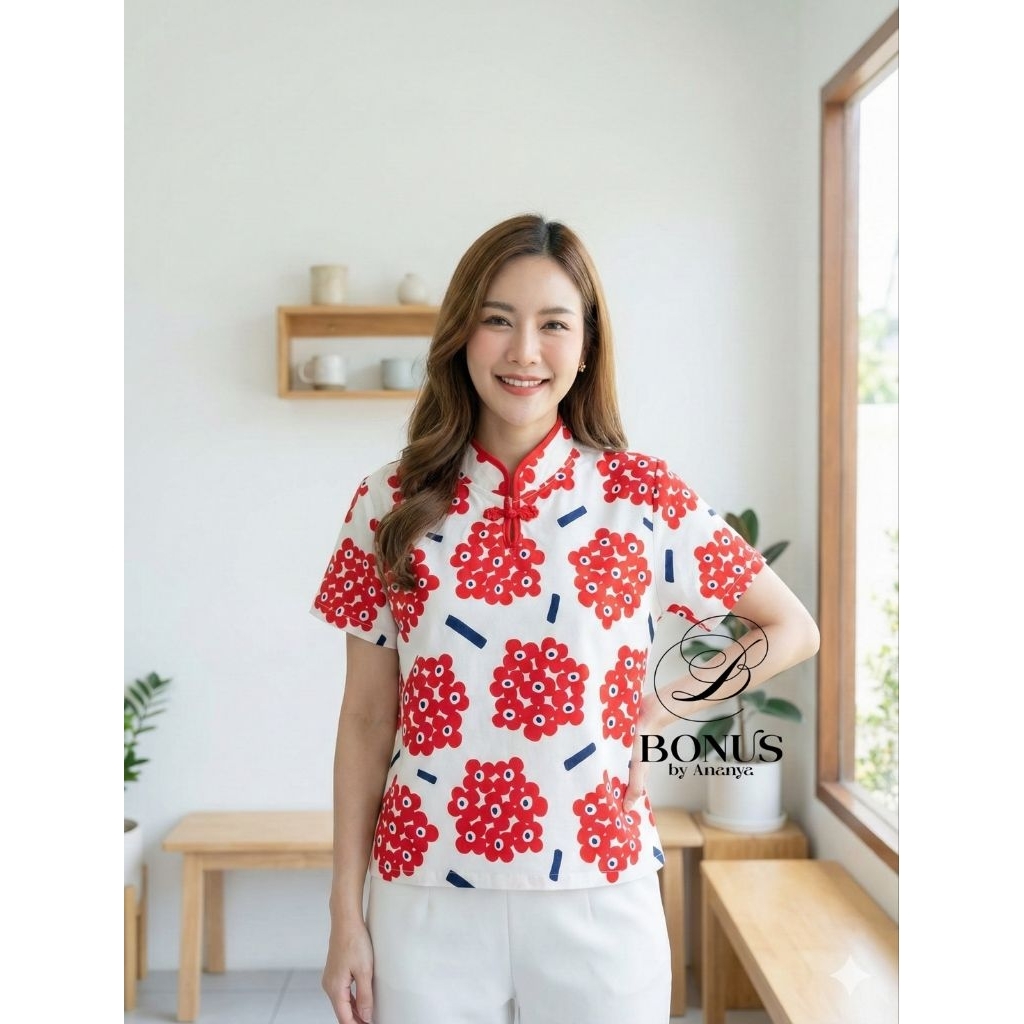 📌เสื้อคอจีนผ้าคอตตอลญี่ปุ่น กุ๊นปกเสื้อ ติดกะดุมจีน เนื้อผ้าใส่สบาย เสื้อ อก46